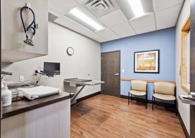 A veterinary office with a stethoscope and a desk.