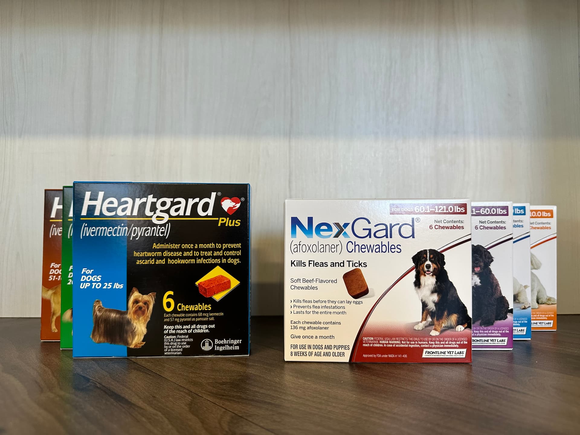 Preventatives Heartgard and nexgard products on a table.