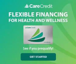 Advertisement for CareCredit offers flexible financing for health and wellness. Includes image of a CareCredit card and a button labeled "Get Started." Text encourages checking prequalification.