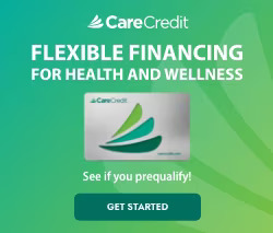 flexible-financing Advertisement for CareCredit offers flexible financing for health and wellness. Includes image of a CareCredit card and a button labeled "Get Started." Text encourages checking prequalification.